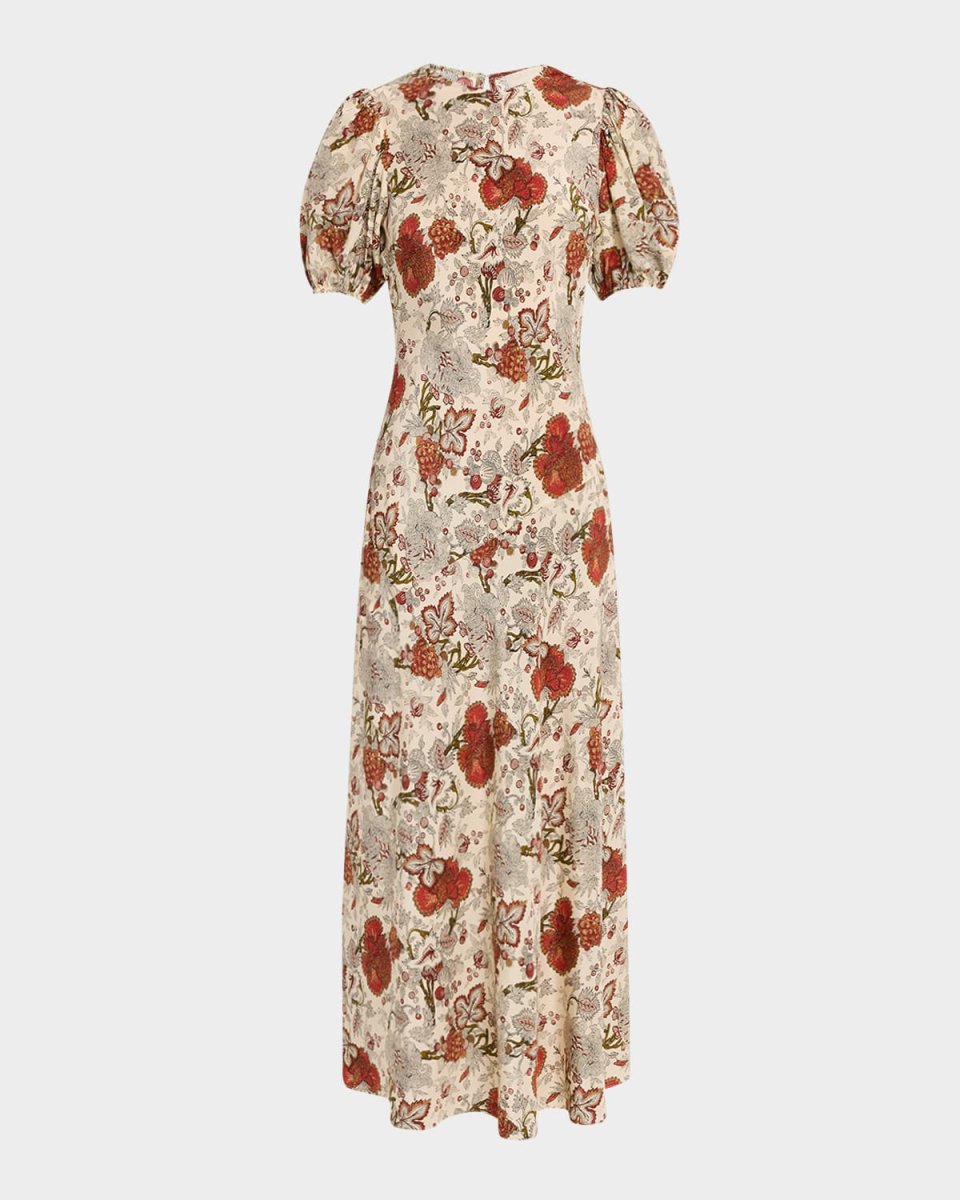 Ines Puff-Sleeve Silk Maxi Dress